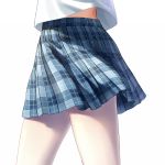  1girl blouse blue_skirt close-up from_side haneru lower_body original pantyhose plaid plaid_skirt simple_background skirt solo thighs white_background white_blouse white_legwear 