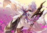  1boy commentary_request fate/grand_order fate_(series) geroro hood long_hair male_focus merlin_(fate/stay_night) open_mouth petals robe smile solo staff violet_eyes white_hair wide_sleeves 