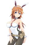  1girl animal_ears bag bare_shoulders belt between_breasts black_legwear blue_eyes breasts bunnysuit charlotte_e_yeager checkered checkered_necktie cleavage contrapposto cowboy_shot detached_collar fake_animal_ears hairband leotard long_hair nanashino necktie orange_hair pantyhose parted_lips rabbit_ears simple_background smile solo strapless strapless_leotard strike_witches white_background white_leotard world_witches_series wrist_cuffs 
