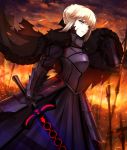  1girl armor armored_dress blonde_hair breastplate cape clouds dark_excalibur dark_persona fate/stay_night fate_(series) fire fur-trimmed_cape fur_trim gauntlets highres holding holding_sword holding_weapon looking_away parted_lips planted_sword planted_weapon saber saber_alter shiguru sky slit_pupils solo sparks sword torn_cape weapon yellow_eyes 