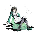  1girl black_boots black_hair black_necktie boots breasts divine_gate dress full_body glasses green_jacket grey_legwear high_heels jacket large_breasts looking_at_viewer mahouka_koukou_no_rettousei necktie official_art pantyhose see-through shadow shibata_mizuki short_hair sitting smile solo transparent_background ucmm white_dress yellow_eyes 