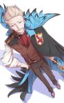  1boy blue_eyes butterfly facial_hair fate/grand_order fate_(series) formal gloves hollomaru james_moriarty_(fate/grand_order) male_focus mustache short_hair simple_background solo suit translation_request vest white_background white_hair 