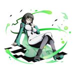  1girl black_boots black_hair black_necktie boots breasts divine_gate dress full_body glasses green_jacket grey_legwear high_heels jacket large_breasts looking_at_viewer mahouka_koukou_no_rettousei necktie official_art open_mouth pantyhose see-through shadow shibata_mizuki short_hair sitting solo transparent_background ucmm white_dress yellow_eyes 