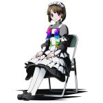  1girl android apron brown_hair divine_gate dress eyebrows_visible_through_hair full_body hands_on_legs headphones humanoid_robot looking_at_viewer mahouka_koukou_no_rettousei maid maid_headdress official_art pantyhose pixie_(mahouka_koukou_no_rettousei) shadow short_hair sitting solo transparent_background ucmm violet_eyes white_legwear 