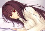  1girl absurdres breasts fate/grand_order fate_(series) gu_li highres long_hair looking_at_viewer lying on_side pillow purple_hair red_eyes scathach_(fate/grand_order) smile solo sweater turtleneck turtleneck_sweater white_sweater 
