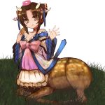  1girl :t bow brown_eyes brown_hair centauroid clantail deer dress earrings eating flower frilled_dress frills grass hair_flower hair_ornament highres hoop_earrings horn_ribbon horns jewelry long_sleeves looking_at_viewer lying mahou_shoujo_ikusei_keikaku mahou_shoujo_ikusei_keikaku_restart neck_tattoo off-shoulder_dress off_shoulder on_ground pink_bow ribbon sidelocks sirodengaku solo tattoo waving wide_sleeves 