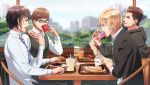  4boys black_hair black_jacket blonde_hair blue_eyes brown_eyes brown_hair chair coffee_mug collared_shirt doughnut drink drinking drinking_straw eating eye_contact final_fantasy final_fantasy_xv food from_side gladiolus_amicitia hinoe_(dd_works) holding holding_food hood hood_down hoodie ignis_scientia indoors jacket jacket_removed long_sleeves looking_at_another male_focus multiple_boys necktie noctis_lucis_caelum old-fashioned_doughnut pastry prompto_argentum restaurant shirt signature sitting sprinkles striped striped_necktie sweatband table teenage tray vest waistcoat white_shirt window 