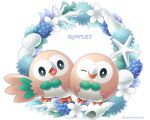  animal_focus beak black_eyes character_name closed_mouth commentary_request highres no_humans open_mouth pokemon pokemon_(creature) rowlet sasabunecafe talons tongue wreath 