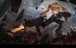  1girl absurdres ammunition_pouch arm_belt arm_strap bangs belt black_ribbon blonde_hair brown_legwear buttons character_name clenched_teeth copyright_name cowboy_shot dress_shirt explosion explosive finger_on_trigger firing girls_frontline gloves green_gloves green_jacket green_skirt grenade gun h&amp;k_ump h&amp;k_ump9 hair_ornament hairclip hand_to_own_mouth hands_up heckler_&amp;_koch highres holding holding_gun holding_weapon hood hooded_jacket hoodie jacket long_hair long_sleeves neck_ribbon open_clothes open_hoodie open_jacket pantyhose personification pleated_skirt ribbon scarf shards shell_casing shirt skirt smoke solo standing strap submachine_gun suppressor teeth twintails ump9_(girls_frontline) weapon white_shirt xiaoxiao yellow_eyes 