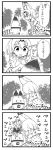  1girl 4koma afterimage animal_ears bare_shoulders comic elbow_gloves eyebrows_visible_through_hair gloves greyscale highres kaban kemono_friends knocking lucky_beast_(kemono_friends) monochrome motion_lines panzuban serval_(kemono_friends) serval_ears serval_print serval_tail short_hair sitting speech_bubble sweatdrop tail translation_request wariza 