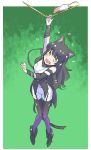  1girl animal_ears black_hair blake_belladonna cat_ears cat_girl commentary fang gambol_shroud green_background hanging_on iesupa mouse navel rope rwby solo yellow_eyes 