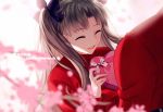  1boy 1girl 2017 archer black_hair blurry character_name cherry_blossoms closed_eyes dated depth_of_field fate/stay_night fate_(series) gift hair_ribbon happy_birthday heart-shaped_box holding holding_gift long_hair open_mouth ribbon smile sweater tohsaka_rin two_side_up yaoshi_jun 