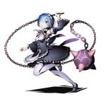  1girl armpits blue_eyes blue_hair breasts chains cleavage detached_sleeves divine_gate dress frilled_dress frills full_body hair_over_one_eye hair_ribbon holding holding_weapon looking_at_viewer maid official_art one_leg_raised pantyhose pink_ribbon re:zero_kara_hajimeru_isekai_seikatsu rem_(re:zero) ribbon shadow short_hair small_breasts solo transparent_background ucmm weapon white_legwear 
