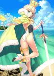  1girl ankle_ribbon artoria_pendragon_(swimsuit_archer)_(fate) ass beach blonde_hair braid cape casual_one-piece_swimsuit clouds cloudy_sky crown excalibur eyebrows_visible_through_hair fate/grand_order fate_(series) green_eyes gun high_heels holding holding_gun holding_weapon long_hair looking_at_viewer looking_back ocean one-piece_swimsuit outdoors ribbon saber sky solo standing swimsuit takeuchi_takashi thigh_ribbon water_gun weapon yellow_ribbon 