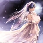  1girl bare_shoulders blue_hair breasts brown_eyes cleavage dress earrings highres huge_breasts jewelry kantai_collection kantori light_smile short_hair solo ushio_(kantai_collection) veil 