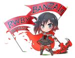  1girl banner belt black_hair boots cape chibi commentary_request crescent_rose english grey_eyes iesupa multicolored_hair pantyhose petals redhead ruby_rose rwby scythe solo thigh-highs torn_clothes torn_pantyhose torn_thighhighs 