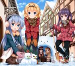  5girls black_legwear blonde_hair blue_eyes blush boots brown_hair chestnut_mouth closed_eyes clouds coat day earmuffs gloves gochuumon_wa_usagi_desu_ka? hair_ornament hairband hairclip highres hoto_cocoa igloo kafuu_chino kirima_sharo long_hair multiple_girls open_mouth pantyhose purple_hair rabbit ruu_(tksymkw) scarf seiza short_hair shovel sitting skirt sky smile snow snow_bunny snow_shelter snowman squatting tedeza_rize tippy_(gochiusa) twintails ujimatsu_chiya violet_eyes winter_clothes worktool 