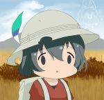  1girl ai_mai_mii animal_ears backpack bag black_hair commentary commentary_request dagappa face_of_the_people_who_sank_all_their_money_into_the_fx hat hat_feather kaban kemono_friends parody red_shirt savannah season_connection seiyuu_connection serval_(kemono_friends) serval_ears shirt uchida_aya 