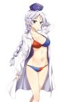  1girl bikini blue_bikini blue_eyes braid breasts cleavage collarbone groin hat highres labcoat long_hair long_sleeves looking_at_viewer maturiuta_sorato medium_breasts mole mole_on_breast navel nurse_cap red_bikini silver_hair simple_background single_braid solo standing swimsuit touhou very_long_hair white_background yagokoro_eirin 