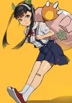  &gt;:t 1girl :t absurdres backpack bag bakemonogatari bandaid bandaid_on_knee black_hair full_body hachikuji_mayoi hair_ribbon hairband highres long_hair looking_at_viewer monogatari_(series) multicolored multicolored_eyes pout ribbon shirt shoes simple_background skirt socks solo suspenders twintails white_legwear white_shirt yellow_background yomu_(sgt_epper) 