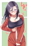  1girl black_hair blush breasts cleavage collarbone commentary_request cowboy_shot demi-chan_wa_kataritai flying_sweatdrops glasses hair_between_eyes inconvenient_breasts jacket large_breasts long_hair long_sleeves pants r_choko red-framed_eyewear satou_sakie semi-rimless_glasses solo track_jacket track_pants under-rim_glasses violet_eyes zipper 