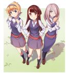  3girls black_legwear blonde_hair blue_eyes brown_hair full_body glasses hair_over_one_eye hairband hands_on_hips highres holding holding_glasses kagari_atsuko lavender_hair little_witch_academia long_hair long_sleeves looking_at_viewer lotte_yanson multiple_girls mushroom one_side_up red_eyes sash school_uniform shadow shirt shoes short_hair skirt smile standing sucy_manbavaran violet_eyes white_shirt zzz_(chomic) 