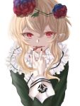  1girl black_clothes blonde_hair blood cranberry_(mahoiku) elf finger_licking flower frills head_wreath highres licking mahou_shoujo_ikusei_keikaku mahou_shoujo_ikusei_keikaku_unmarked pink_eyes pointy_ears ramune_(ramuuu_maro) red_eyes rose short_hair solo vampire 