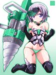  1girl armlet armor bangs bikini_armor black_boots blue_eyes boots bustier character_name choker closed_mouth copyright_name drill elbow_gloves english frame_arms_girl full_body gloves gourai green_panties headgear highres holding holding_weapon huge_weapon kikuchi_tsutomu kneeling looking_at_viewer mecha_musume panties short_hair silver_hair skindentation solo striped striped_panties thigh-highs thigh_boots underwear w_arms weapon 