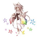  1girl animal_ears ankle_ribbon anklet barefoot dress dress_lift floral_print frilled_dress frills gradient_clothes highres jewelry kazana_(sakuto) long_hair original ribbon saku_(kazana) simple_background tail white_background white_hair wolf_ears wolf_tail yellow_eyes 