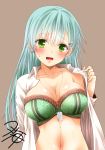  1girl aqua_eyes aqua_hair bra breasts collarbone dog_tags hair_ornament hairclip kantai_collection large_breasts long_hair open_clothes open_mouth open_shirt shirt signature simple_background sketch solo suzuya_(kantai_collection) underwear yua_(checkmate) 