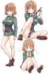  1girl absurdres blush brave_witches breasts brown_hair eating envelope green_eyes gun gundula_rall handgun highres military military_uniform short_hair sitting smile solo spread_legs suzuki24 uniform weapon white_background world_witches_series 