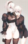  1girl aki663 black_dress black_hairband blue_eyes blush breasts couple dress feather-trimmed_sleeves glasses gloves hairband headband leotard looking_at_viewer mole mole_under_mouth nier_(series) nier_automata short_hair smile thigh-highs white_hair white_leotard yorha_no._2_type_b yorha_no._9_type_s 