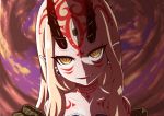  &gt;:) 1girl bare_shoulders blonde_hair collarbone earrings evil_smile facial_mark fang fate/grand_order fate_(series) forehead_mark head_tilt ibaraki_douji_(fate/grand_order) ikue_fuuji jewelry long_hair looking_at_viewer oni_horns parted_lips pointy_ears portrait sidelocks smile solo tattoo third_eye tsurime yellow_eyes 