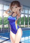  1girl armpits bare_shoulders breasts brown_eyes brown_hair competition_swimsuit covered_navel day dr_poapo highres idolmaster idolmaster_cinderella_girls medium_breasts nitta_minami one-piece_swimsuit pool reflection solo swimsuit towel wet 