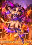  1girl bat_wings boots breasts cleavage company_name fire flower full_body gyakushuu_no_fantasica hair_flower hair_ornament highres horns jewelry large_breasts necklace official_art open_mouth purple_hair ryuki@maguro-ex solo staff thong window wings yellow_eyes 