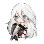  1girl absurdres android aqua_eyes blush chibi collarbone elbow_gloves eyelashes gloves high_heels highres knees_up nier_(series) nier_automata pale_skin sitting solo white_background white_hair yorha_type_a_no._2 