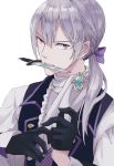  1boy bow dagger fire_emblem fire_emblem_if gloves grey_hair highres joker_(fire_emblem_if) low_ponytail male_focus portrait shioha simple_background solo teeth violet_eyes weapon white_background 