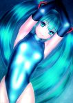  1girl akahige aqua_eyes aqua_hair armpits elbow_gloves gloves hatsune_miku highleg highleg_swimsuit highres long_hair looking_at_viewer one-piece_swimsuit solo swimsuit turtleneck twintails vocaloid 