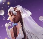  1girl absurdres bare_shoulders breasts bridal_veil bride brown_eyes brown_hair crying dress elbow_gloves fei_zen_qq finger_to_chin flower from_side gloves hair_flower hair_ornament hand_up highres lace lace-trimmed_gloves lace_trim long_hair low_tied_hair medium_breasts open_mouth original profile sideboob sleeveless sleeveless_dress solo teardrop tears upper_body veil wedding_dress white_dress white_gloves 