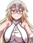  1girl bangs bare_shoulders bespectacled blonde_hair blue_eyes blush breasts closed_mouth fate/grand_order fate_(series) faulds glasses headpiece ikue_fuuji large_breasts long_hair looking_at_viewer red-framed_eyewear ruler_(fate/apocrypha) semi-rimless_glasses smile solo under-rim_glasses upper_body 