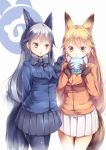  2girls animal_ears black_bow black_legwear black_skirt blonde_hair blue_jacket bow brown_eyes eating ezo_red_fox_(kemono_friends) food food_on_face fox_ears fox_tail fur_trim gloves grey_hair highres holding holding_food jacket japari_bun japari_symbol kanzakietc kemono_friends long_hair looking_at_viewer multiple_girls orange_jacket pantyhose silver_fox_(kemono_friends) simple_background skirt tail white_background white_bow white_skirt 