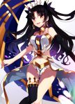 1girl armlet bare_shoulders black_hair breasts crown earrings fate/grand_order fate_(series) hair_ribbon hoop_earrings ishtar_(fate/grand_order) jewelry long_hair looking_at_viewer mipe_(r_kkk12) navel open_mouth orange_eyes ribbon simple_background single_thighhigh smile solo thigh-highs tohsaka_rin white_background 