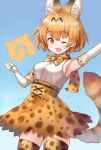  1girl ;d animal_ears arm_up armpits bare_shoulders blonde_hair blush bow bowtie cat_ears cat_tail elbow_gloves fang gloves japari_symbol kemono_friends looking_at_viewer nishizawa one_eye_closed open_mouth serval_(kemono_friends) serval_ears serval_print serval_tail shirt short_hair skirt sleeveless smile solo tail yellow_eyes 