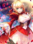  1girl ahoge artist_request blonde_hair breasts dress fate/extra fate/extra_ccc fate_(series) green_eyes highres looking_at_viewer open_mouth petals red_dress saber saber_extra solo standing sword weapon 