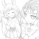  2girls animal_ears closed_eyes gekokujou_hana greyscale japanese_clothes mahou_shoujo_ikusei_keikaku mahou_shoujo_ikusei_keikaku_jokers mahou_shoujo_ikusei_keikaku_limited monochrome multiple_girls rabbit_ears short_hair sirodengaku smile styler_mimi 