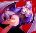  1girl bare_shoulders breasts cleavage demon_girl demon_tail dutch_angle hair_over_one_eye hips horns large_breasts lilim_(monster_girl_encyclopedia) long_hair looking_at_viewer monster_girl_encyclopedia puropera_(puropera) purple_hair red_background simple_background sitting solo tail thighs very_long_hair 
