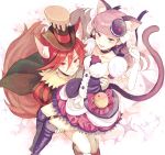  2girls animal_ears cape carrying cat_ears cat_tail choker cure_chocolat cure_macaron dog_tail earrings elbow_gloves extra_ears food_themed_hair_ornament gloves hair_ornament hat highres jewelry kenjou_akira kirakira_precure_a_la_mode kotozume_yukari kurodeko long_hair looking_at_viewer macaron_hair_ornament magical_girl multiple_girls precure princess_carry purple_hair purple_legwear red_eyes short_hair smile sparkle_background tail thigh-highs violet_eyes white_gloves white_legwear 