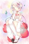  +_+ 1girl artist_request asymmetrical_legwear cherry covering_mouth crystal food fruit gloves mahou_shoujo_ikusei_keikaku mahou_shoujo_ikusei_keikaku_jokers mirror prism_cherry see-through short_hair silver_hair sitting solo symbol-shaped_pupils 