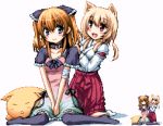 2girls :d animal_ears bandage bandaged_arm bangs bell belt_collar between_legs black_bow black_legwear black_ribbon blonde_hair blue_eyes blush borrowed_character bow breasts cat cat_ears chiriko_(atlanta) cleavage closed_eyes closed_mouth collar collarbone commentary_request dress eyebrows_visible_through_hair eyes_visible_through_hair fang feet fox_ears frilled_bow frilled_sleeves frills full_body gradient_clothes gradient_dress hair_bell hair_between_eyes hair_bow hair_ornament hakama hand_between_legs hand_in_another&#039;s_hair japanese_clothes kneeling legs long_hair long_sleeves looking_at_another miko multicolored multicolored_clothes multicolored_dress multiple_girls nekojirou no_shoes nori_tamago open_mouth orange_hair original own_hands_together pixel_art red_eyes red_hakama ribbon shadow short_sleeves sidelocks simple_background sitting sleeping smile socks ten&#039;inkou_korin thigh-highs triangle_mouth twintails two_side_up v-neck v_arms wariza white_background white_legwear zoom_layer