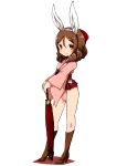  1girl absurdres adapted_costume animal_ears boots bow brown_boots brown_hair bunny_girl bunny_tail cross-laced_footwear drill_hair full_body hair_bow hakama_skirt harukaze_(kantai_collection) highres kantai_collection lace-up_boots leotard long_hair nassukun planted_umbrella rabbit_ears red_bow red_eyes smile solo standing tail umbrella white_background 
